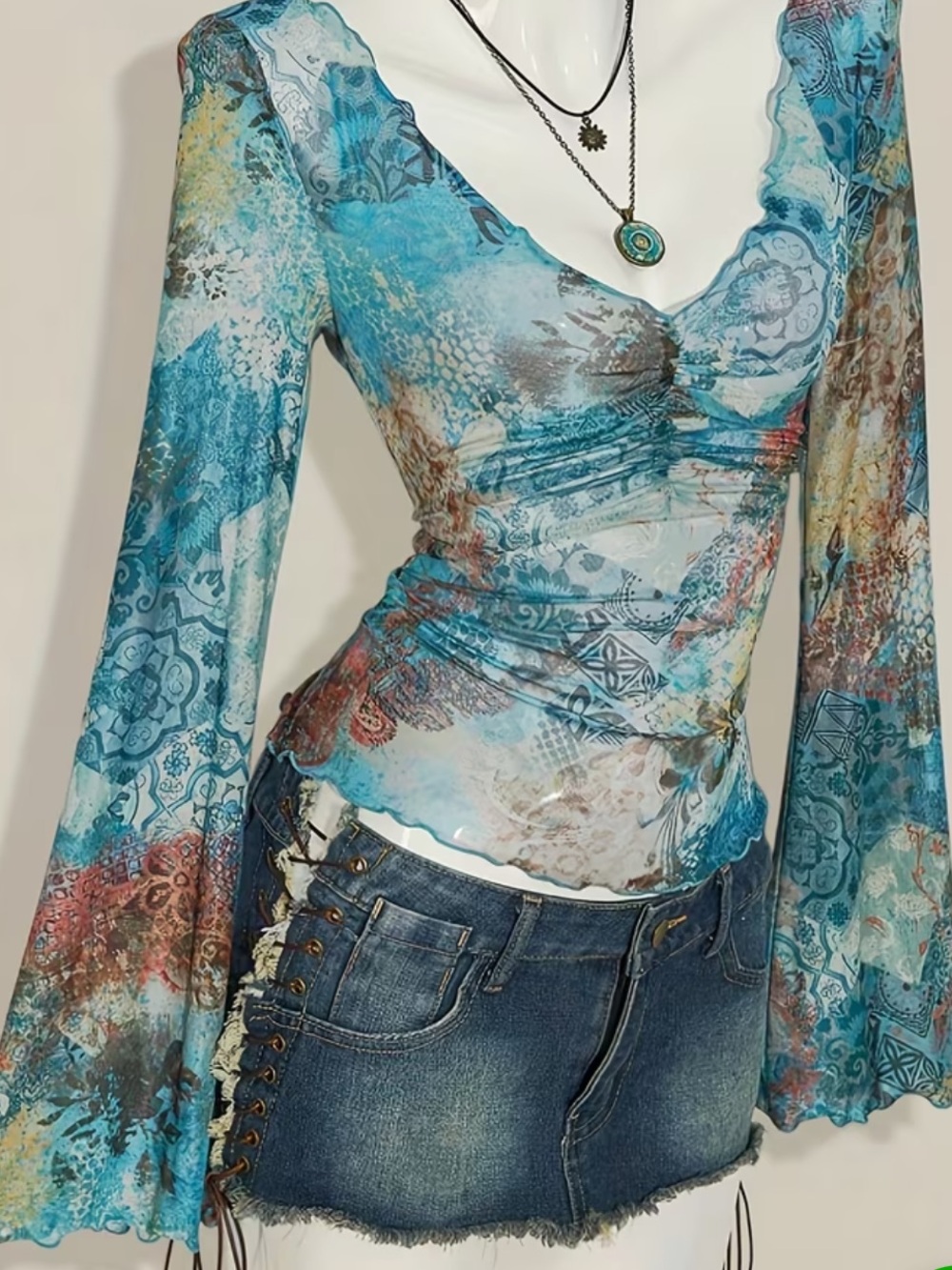 Blue Multi-Print V-Neck Sheer Long-Sleeve Top - Picture 3 of 5